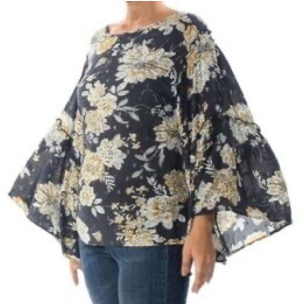 Gypsies & Moondust‎ Yellow Gray Floral Bohemian Festival Blouse. Size Large.